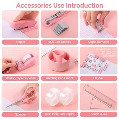 SKYDUE Pink Desk Accessories 10Pcs, Rotating Pen Holder for Desk, Stapler, Staple Remover, Tape Dispenser,2pcs Tape Refills, Binder Paper Clips Kit, Scissor,Pink Office School Supplies - Image 4