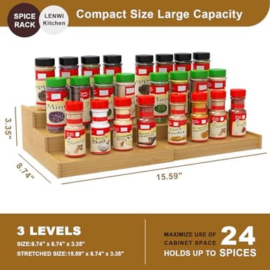 Lenwi Spice Rack Organizer for Cabinet, 3 Tier Expandable Bamboo Spice Storage, Great for Kitchen Cabinet, Cupboard,Pantry and More - Image 2
