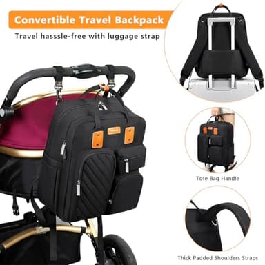 Diaper Bag Backpack, Large Capacity Baby Diaper Backpack with Tons of Pockets, Built-in Stroller Straps, Multi function Waterproof Diaper Bag (Black) - Image 4