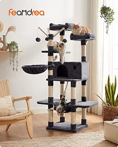 FEANDREA Cat Tree, Large Cat Tower, 64.6 Inches, Cat Activity Center with Hammock, Basket, Removable Fur Ball Sticks, Cat Condo, Smoky Gray UPCT087G01 - Image 2