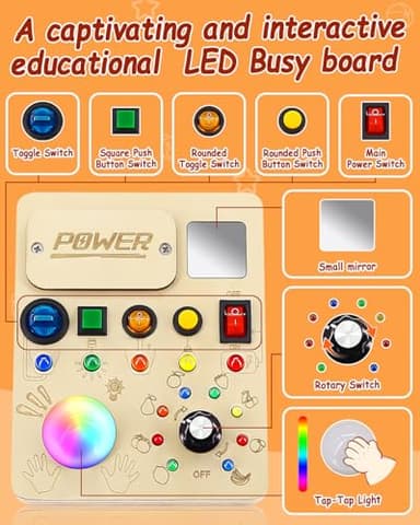 RCPLAGA Busy Board Montessori Toy for Toddler, Wooden Sensory Activity Board with LED Light UP Switch, Baby Fidget Board Travel Toys for 18+ Months, 1 2 3 Year Old Boys Girls Toddler Toys Gifts - Image 5