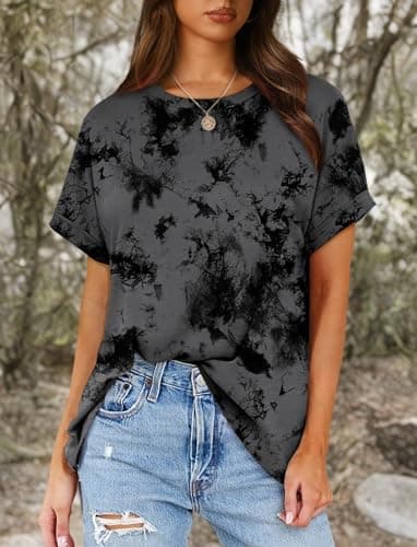 Crew Neck Tee Shirts Women Trendy Tops Oversized T Shirts Crew Neck Summer Tshirts Tie Dye Grey XXL - Image 5