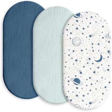 Gllquen Baby Muslin Bassinet Sheets 3 Pack, Breathable Elastic Cozy Fitted Cotton Bassinet Mattress Sheet for Baby Boy Girls, Fit for Hourglass Oval Rectangular Cradle Pad Sheets 33"x17" (Blue - Image 3