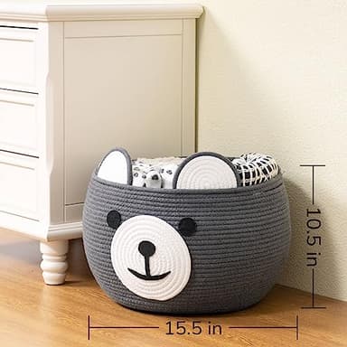 CherryNow Cotton Rope Baby Cute Storage Basket for Organizing, Toy Woven Rope Bear Basket for Kids, Empty Gift Baskets with Handles, Grey, 15.7" D x 10.5" H - Image 4
