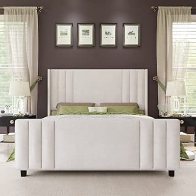 AMERLIFE Queen Size Bed Frame, Velvet Upholstered Platform Bed with Vertical Channel Tufted Headboard & Footboard/Wingback, Mattress Foundation with Wood Slats, No Box Spring Needed, Cream - Image 3