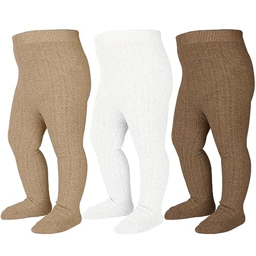 Mini angel Baby Tights 6-12 Months Cable Knit Tights 3 Pack Baby Leggings Seamless Cotton Stockings Pantyhose for Toddlers (Coffee+Khaki+Ivory, S) - Image 1