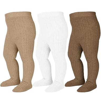 Mini angel Baby Tights 6-12 Months Cable Knit Tights 3 Pack Baby Leggings Seamless Cotton Stockings Pantyhose for Toddlers (Coffee+Khaki+Ivory, S) - Image 1