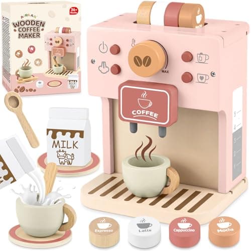 Airlab Kids Coffee Playset Toy Coffee Maker Set for Toddler Wooden Kitchen Accessories Pretend Play for Girls Boys Ages Birthday Gifts Pink - Image 1