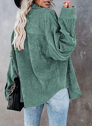 Dokotoo School Outfits for Teachers Early Fall Fashion Soft Cuffed Sleeve Corduroy Collar Shirts Teacher Outfits for Women Trendy Fall Clothes Long Plus Size Button Down Blouse Tops XL Green - Image 2