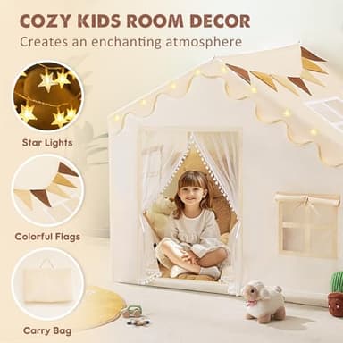 PIIKAGO Kids Play Tent with Mat - Kids Tent Indoor with Star Lights and Flags, Toddler Tent for Kids Ages 3-8, Toddler Playhouse for Girls Boys, 57" x 35" x 47" (Beige) - Image 4
