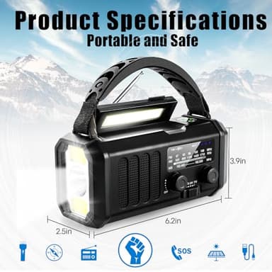 10000mAh Emergency NOAA/AM/FM Weather Radio, Type-C Charge, Solar Charging, SOS, 3 Modes LED Torch, Reading Lamp, Compass for Outdoor Survival (Black) - Image 5