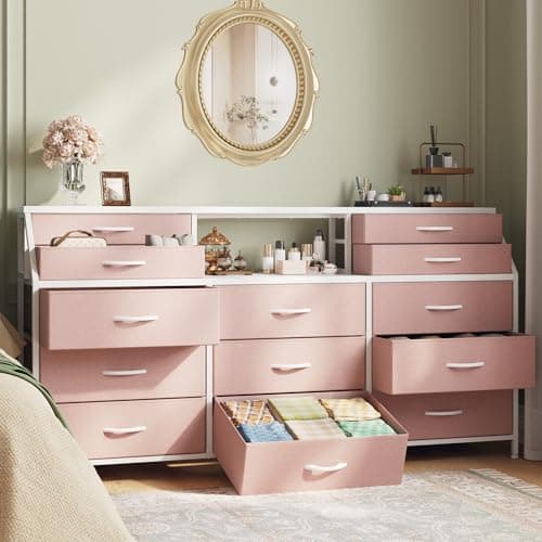 Romorgniz 55" W Pink Dresser for Bedroom with Deep Fabric Drawers, Long Chests of Drawers with 2 Open Wooden Shelves, Large Vanity Dressers for Entryway, Dorm, Sturdy Metal Frame, Wood Top - Image 1