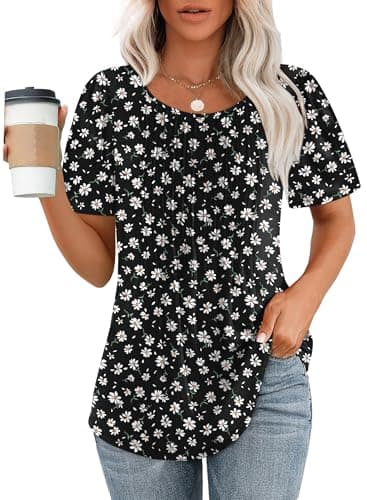 Womens Summer Tops Short Sleeve Shirts Floral Pleated Front Dressy Casual Blouses Fashion Outfits Black L - Image 1