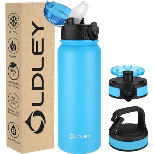 OLDLEY Insulated Water Bottle 20oz Water Bottles with Straw, Stainless Steel Water Bottle with 3 Lids, Double Wall Vacuum Bottles for Adult Kids, Sports Bottles for School Travel,Blue - Image 1
