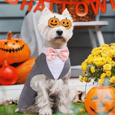 PUMYPOREITY Dog Tuxedo and Bandana Set, Formal Gentleman Dog Attire with Bowtie for Weddings, Birthdays, 2 Pieces/Pack, L, Grey - Image 6
