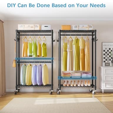 VIPEK R2 Mini Rolling Clothes Rack Heavy Duty Clothing Rack for Hanging Clothes Adjustable Portable Closet Metal Clothes Racks with Wheels Double Rods Side Hooks, Freestanding Garment Rack, Black - Image 3