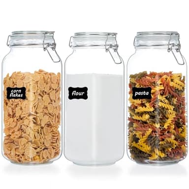 Vtopmart 78oz Glass Food Storage Jars with Airtight Clamp Lids, 3 Pack Large Kitchen Canisters for Flour, Cereal, Coffee, Pasta and Canning, Square Mason Jar with 8 Chalkboard Labels - Image 1