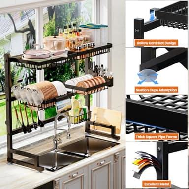 ilvvan Over The Sink Dish Drying Rack 27-40L x 12W x 32.5-37H (inches) (Expandable Height and Length) Snap-On Design 2 Tier Large Dish Rack - Image 6