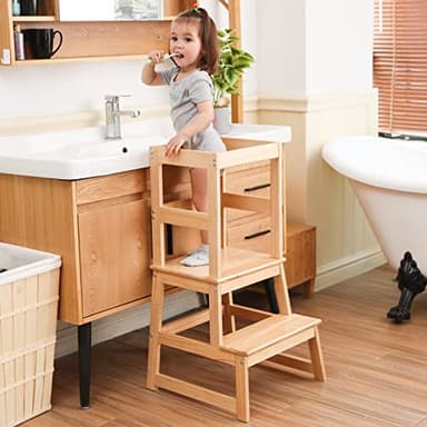Kids Kitchen Step Stool for Kids with Safety Rail,Solid Wood Construction Toddler Learning Stool, Montessori Toddlers Kitchen Stool Tower(Natural) - Image 3