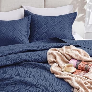 Love's cabin California King Size Quilt Bedding Set Navy Bedspreads - Cal King Summer Quilt Lightweight Bedspread- Wave Pattern Coverlet for All Season - 3 Piece (1 Quilt, 2 Pillow Shams) - Image 4