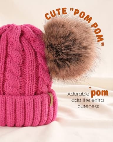 FURTALK Toddler Warm Winter Hat Kids Baby Knitted Soft Beanie with Double Faux Fur Pom Poms for Girls Boys Rose Red,2-6 Years - Image 3