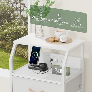 Furnulem 5 Drawers Dresser with Charging Station, Tall Night Stand with Open Shelf, Storage Tower with PVC & Fabric Drawer, Bedside Table for Bedroom, Closet, Entryway, 3 Ways to Use, White - Image 8