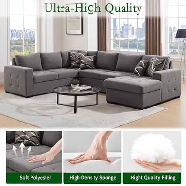 THSUPER 123'' Sectional Sleeper Sofa Couch with Pull Out Bed, 6 Seater U Shaped Oversized Comfy Linen Sleeper Sectional Sofas Couches with Storage Chaise for Living Room, Gray - Image 4