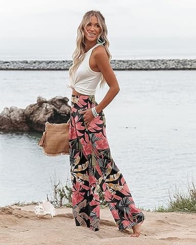 Angerella Womens Elastic High Waisted Palazzo Pants Casual Wide Leg Long Lounge Pant Trousers with Pocket - Image 4