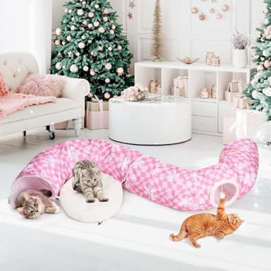 Pink Cat Tunnel Bed Peekaboo Cat Cave Donut Under Christmas Tree Pink Checker with Snowflakes Festive Decor Perfect for Small Medium Large Cats, Kittens, Rabbit, Ferret - Image 5
