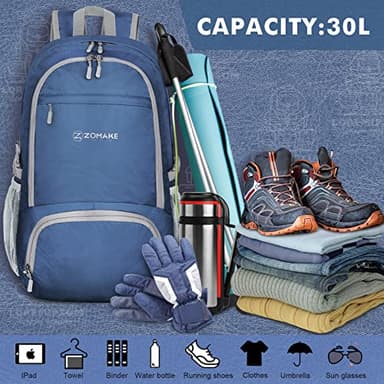 ZOMAKE Lightweight Packable Backpack 30L, Foldable Hiking Backpacks Water Resistant Compact Folding Daypack for Travel(Navy Blue) - Image 5
