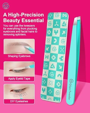 Expert Eyebrow Hair Removal Tweezer with Leather Case, GlamTweeler High Precision Slant Tip Stainless Steel Tweezers for Men and Women (Robin's Egg Blue) - Image 5