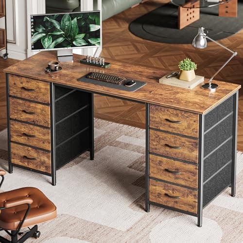 Huuger 55 Inch Computer Desk with 8 Fabric Drawers, Office Desk Work Desk for Home Office, Study, Gaming Desk with Drawers, Large Storage, Rustic Brown - Image 1