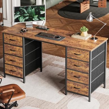 Huuger 55 Inch Computer Desk with 8 Fabric Drawers, Office Desk Work Desk for Home Office, Study, Gaming Desk with Drawers, Large Storage, Rustic Brown - Image 1
