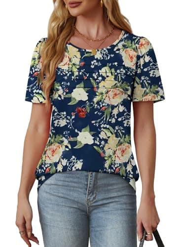Ladies Tops and Blouses Short Sleeve T Shirts Dressy Causal Trendy Flower Summer Clothes 2025 Plus Size Women's Clothing Navy Floral M - Image 3