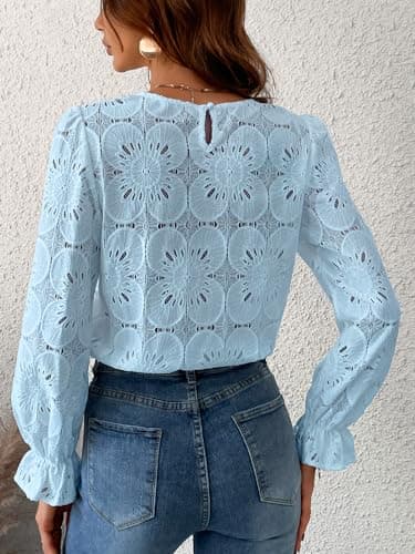 CUPSHE Women Eyelet Long Sleeve Tops Shirts Dressy Hollow Out Crochet Lace Embroidered Blouses 2025 Fashion Top Blue L - Image 2
