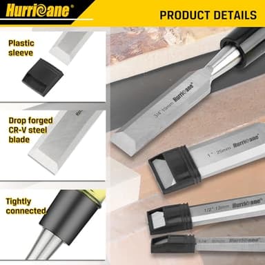 HURRICANE 4 Piece Wood Chisel Set for Woodworking. CR-V Steel Beveled Edge Blades with Safety Caps. Durable PVC High Impact Handle, for Precision Carving & DIY Projects (1/4", 1/2", 3/4", 1") - Image 3
