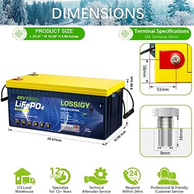 LOSSIGY 48V 100Ah Lithium Battery for Golf Cart, Bluetooth LiFePO4 Battery with 58.4V18A Smart Battery Charger,Perfect for Golf Carts,Trolling Motors, Marine，200A BMS, Peak Current 1000A - Image 2