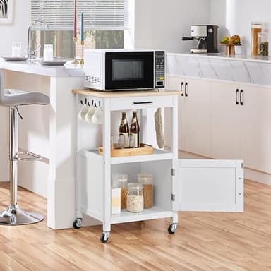 Yaheetech Rolling Kitchen Island with Single Door Cabinet, Kitchen Cart with Drawer on Swivel Wheels, Small Coffee Cart Microwave Stand with 3 Side Hooks for Dining Room, White - Image 5