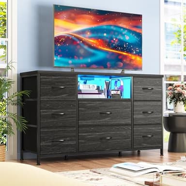 Black Dresser TV Stand for 55'' with LED Lights & Charging Station, Dresser for Bedroom with 8 Drawer, Chest of Drawers with Open Shelves, 6 Adjustable Feet, Hallway, Entryway - Image 9