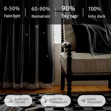 XiDi Black 63x34in Curtain for Bedroom, Girls Room Decor, Living Room, 1 Panel, Blackout Curtains with Laser Cutout Stars, Grommet Top, Washable - Image 5