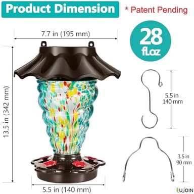 Solar Hummingbird Feeder for Outdoors Hanging, Lighted Lantern with RGB Lights, Hand Blown Glass, 28 fl.oz, Leak Proof & Rustproof, Metal Cover with 5 Feeding Ports, Spiral Shaped, Teal - Image 8