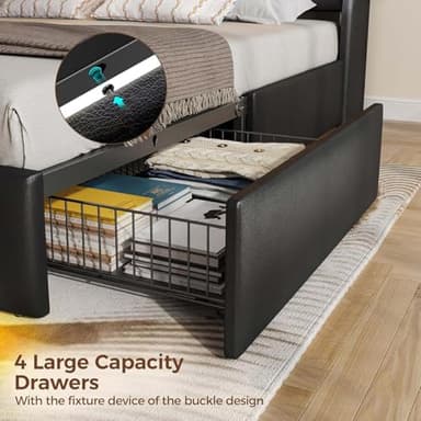 Rolanstar Full Size Bed Frame with LED Lights and Charging Station, PU Leather Bed Storage Headboard & Drawers, Heavy Duty Wood Slats, Easy Assembly, Black - Image 6