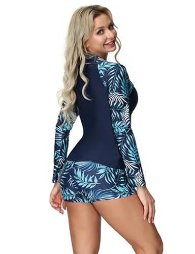 Swim Shirts for Women Long Sleeve Rashguard Floral Print Sun Protection Bathing Suit Set Navy Leaf XL - Image 4