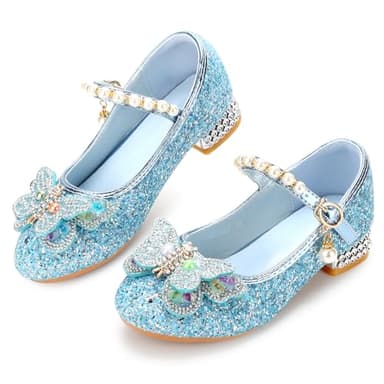 Qimaoo Girls Dress Shoes Mary Jane Princess Shoes Girls' Flats Glitter Low Heels Flower Wedding Party Footwear - 13 Little Kid (738 Blue) - Image 1
