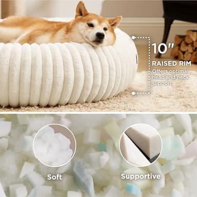 Bedsure Donut Large Dog Bed - Washable Faux Fur with Corduroy Fleece & Anti Slip Bottom, Round Pet Bed with Removable Cover, Cream, 36x36x10 inches - Image 2