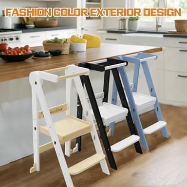 Foldable Toddler Kitchen Stool Helper, Toddler Tower with 3 Adjustable Height, Wooden Toddler Step Stool, Collapsible Toddler Tower, Toddler Stool for Kitchen and Bathroom (Nature) - Image 8