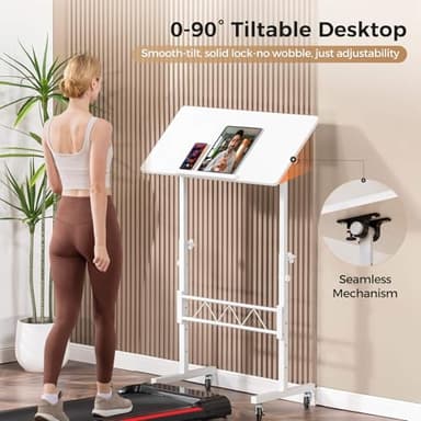 COMHOMA Small Standing Desk Adjustable Height & Tiltable Tabletop, Mobile Stand Up Desk for Laptop, Portable Computer Table for Home Office Work and Walking Pad Treadmill, Height 30.7"-46.4", White - Image 4