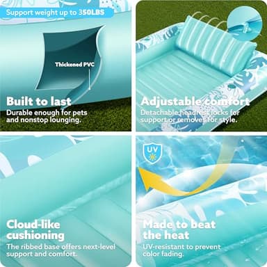 SLOOSH Inflatable Tanning Pool Lounger Float,85" x 57" Extra Large Pool Floats Adult with Pillow,4 in 1 Suntan Tub Raft Floatie,Sunbathing Bed Lounge Blow Up Ball Pit Party Gifts,XL-Cyan White - Image 5