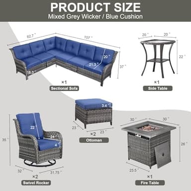 Belord Outdoor Sectional Furniture Sofa Set with Propane Fire Pit Table, Wicker Patio Conversation Set with 2 Swivel Rocker Glider Chairs Blue Cushion Perfect for Backyard Casual Gathering - Image 4