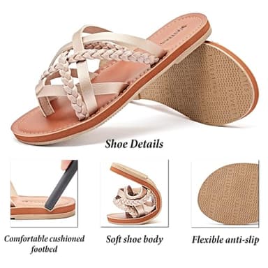 Veittes Women's Flat Slide Sandals - Casual Comfort Braided Multiple Criss Cross Braided Strap Slip-On Pinstripe Flat Summer Thong Sandals,Golden/MF,12 US,2307001 - Image 3